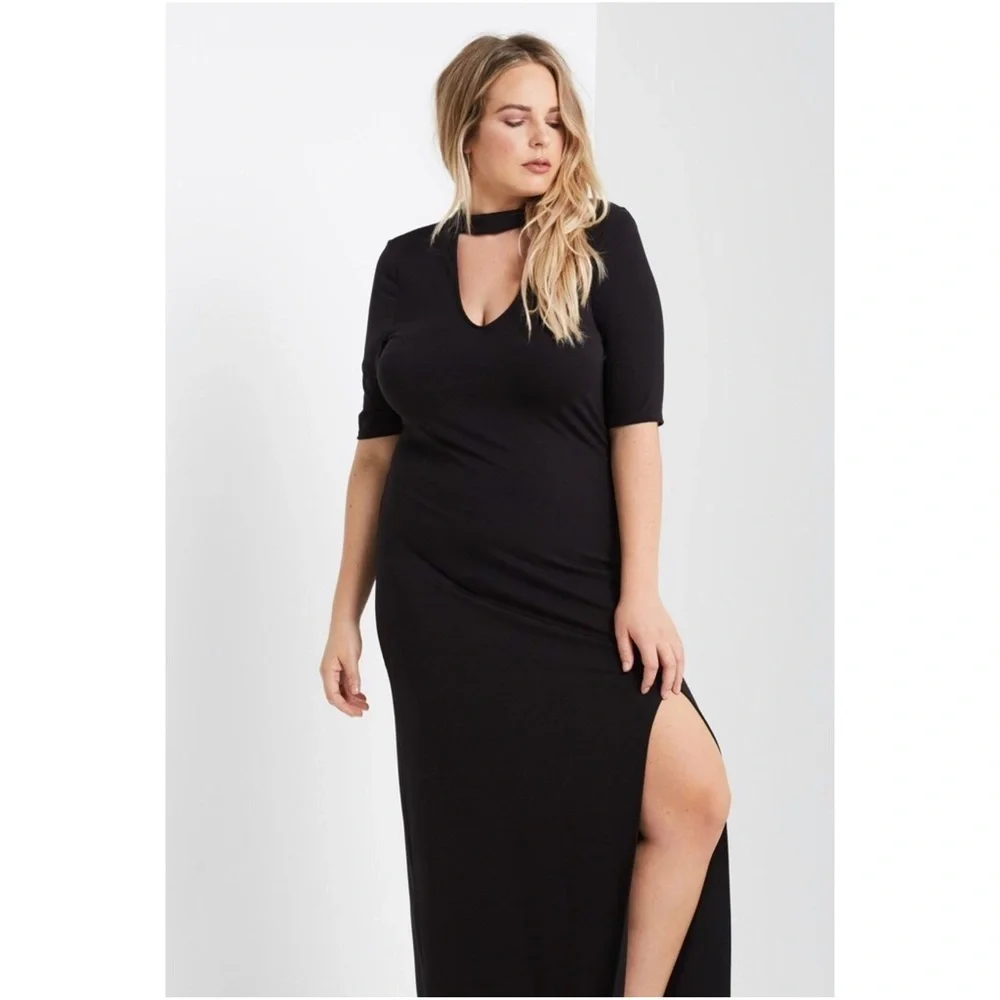 Black Choker V-neck Side Slit Maxi Dress